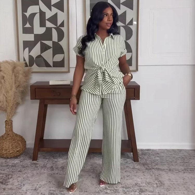 Wenshuo Striped Short Sleeve Shirt Wholesale Drawstring Straight Pants Custom logo Casual Workwear Suit Factory Directly