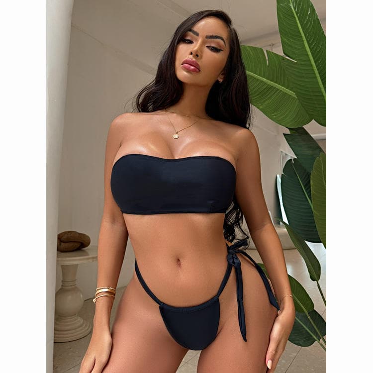 Ins Simple Elegant Backless Beachwear Women Black Tube Bikini Hot Girl Sexy 2 Piece Swimsuits