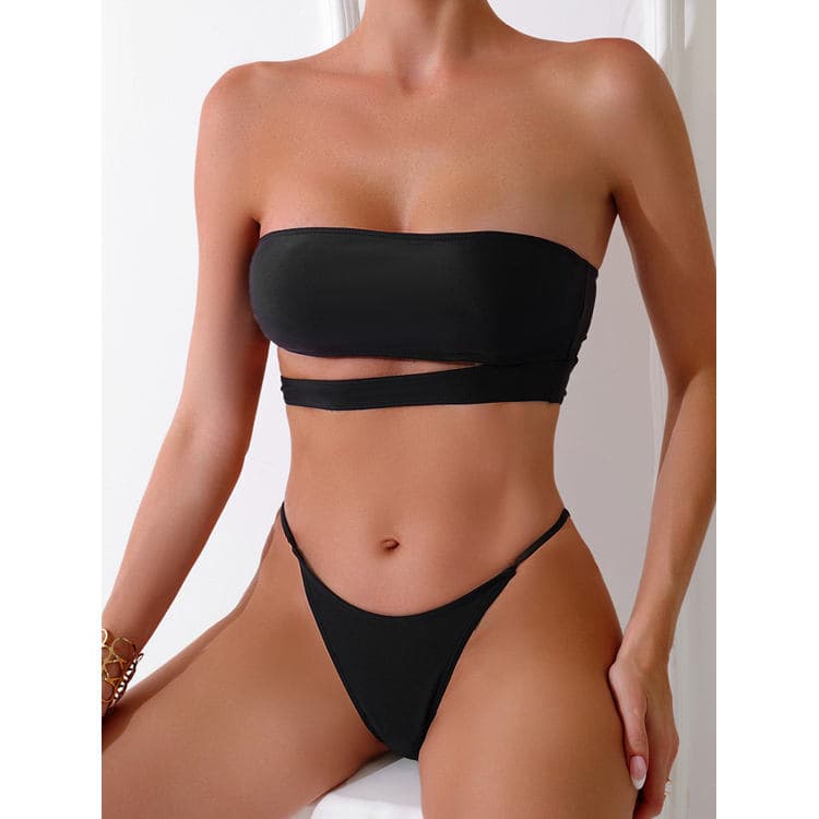 2023 High Quality Solid Black Color Split Beauty Swimsuit Tube Top Sexy Hollow Bikini