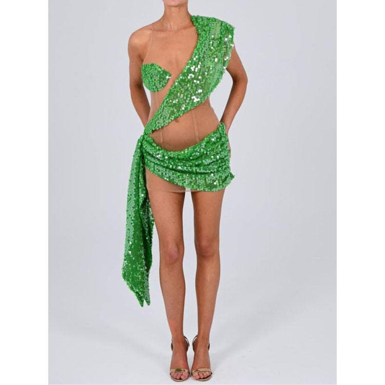 High Quality New Arrives Sexy Party Dress for Women See Through Sequins Sleeveless One Shoulder Shiny Mini Dress