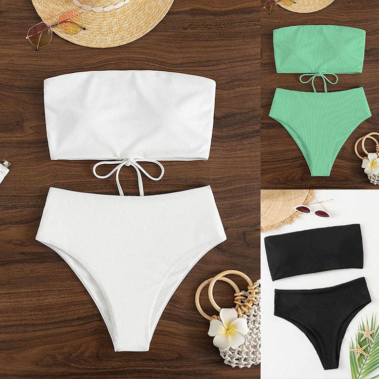 New Solid Color Sexy Tube Top Swimsuit High Waist Triangle Bikini Lace up Beach Swimwear