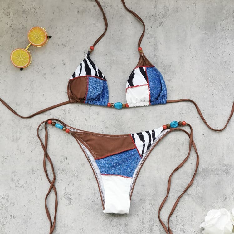 Wholesale Fashionable Triangle Bikini Color-Blocked Sexy Tie-Side Swimsuit for Women