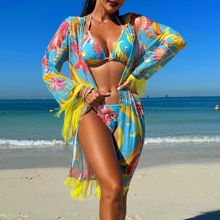 Tassel Cover up Hawaiian Beach Bikini Three Piece 2024 New Swimsuit Floral Print Bathing Suit for Woman