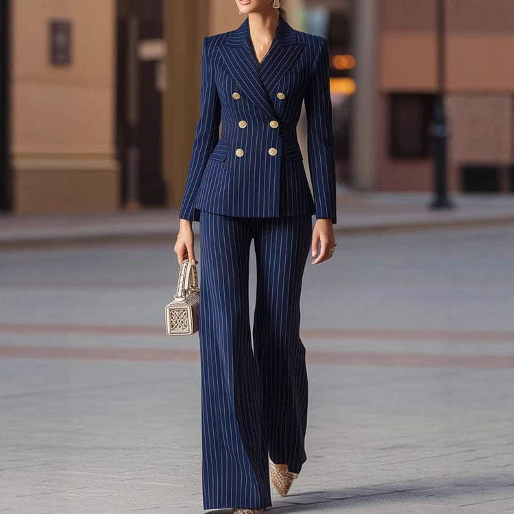 Wenshuo Slim Striped blazer Wholesale Straight Trousers Custom logo Women Workwear Set Factory Directly