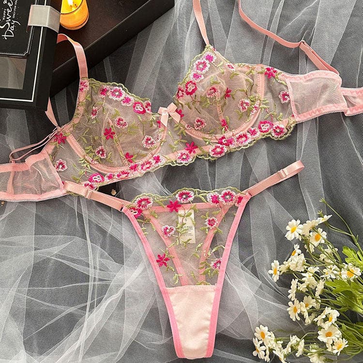 New Printed Embroidered Candy Sweet Girl Mesh Underwire Bra Thong Sexy Lingerie Set