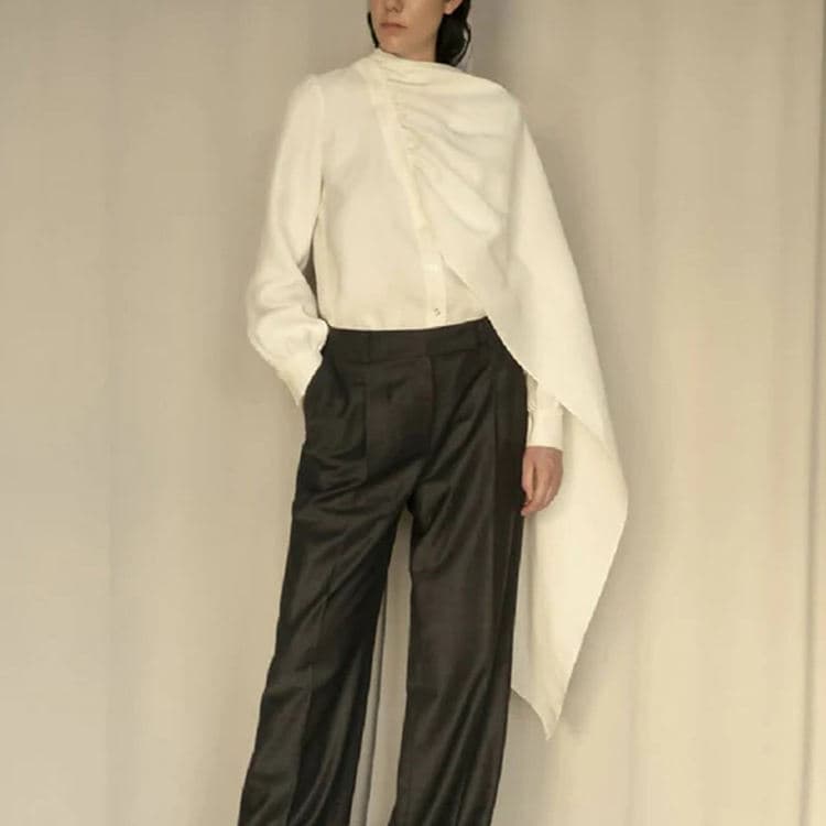 Wholesale White Shirt Fashion Scarf Collar Shirt Pleated Patchwork Design Long Sleeve Shirt