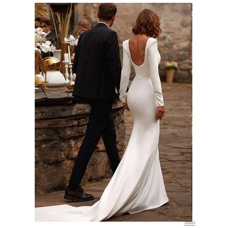 Wenshuo Satin Backless Long Sleeve Wedding Dress 2026 New Style Elegant and Simple Mermaid Dress Elegant Women Wedding Dress