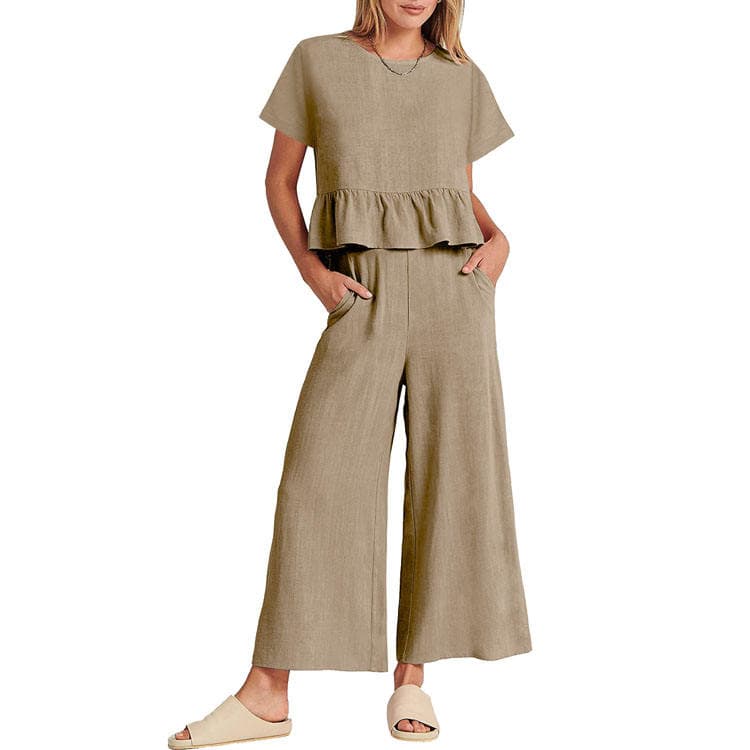 Wenshuo Short Sleeve Ruffled Top Wholesale Solid Color Trousers Custom logo Simple Casual Set Factory Direct
