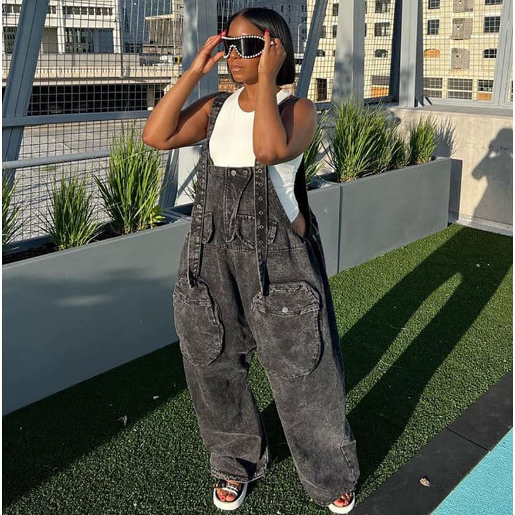 New Street Jumpsuit Jeans Large Pockets Wide Legs Jeans Loose Casual Jeans