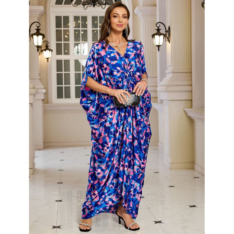 Women Blue Pink Leopard Print Satin Kimono Beach Cover up Robe for Resort Vacation