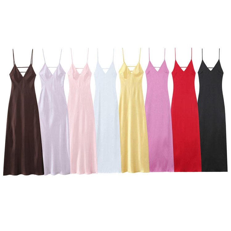 Wenshuo New Women Halter V Neck Solid Color Sexy Dress Backless Satin Midi Dress 2026 Women Casual Dress