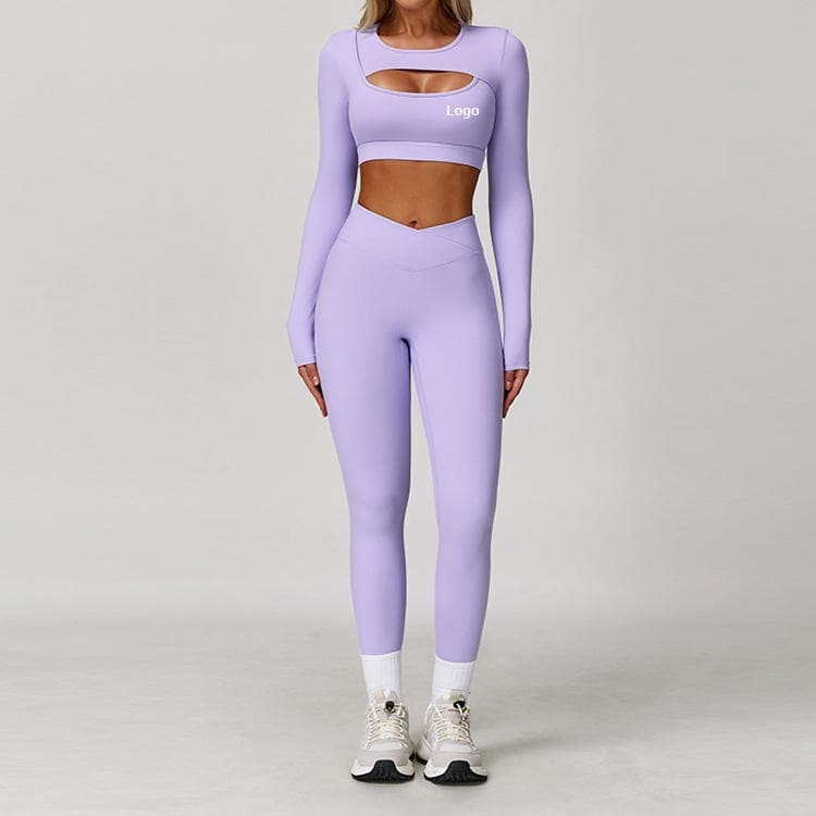 Nude Feel Workout Set Long Sleeves Crop Top and Legging 2 Piece Fitness Yoga Set