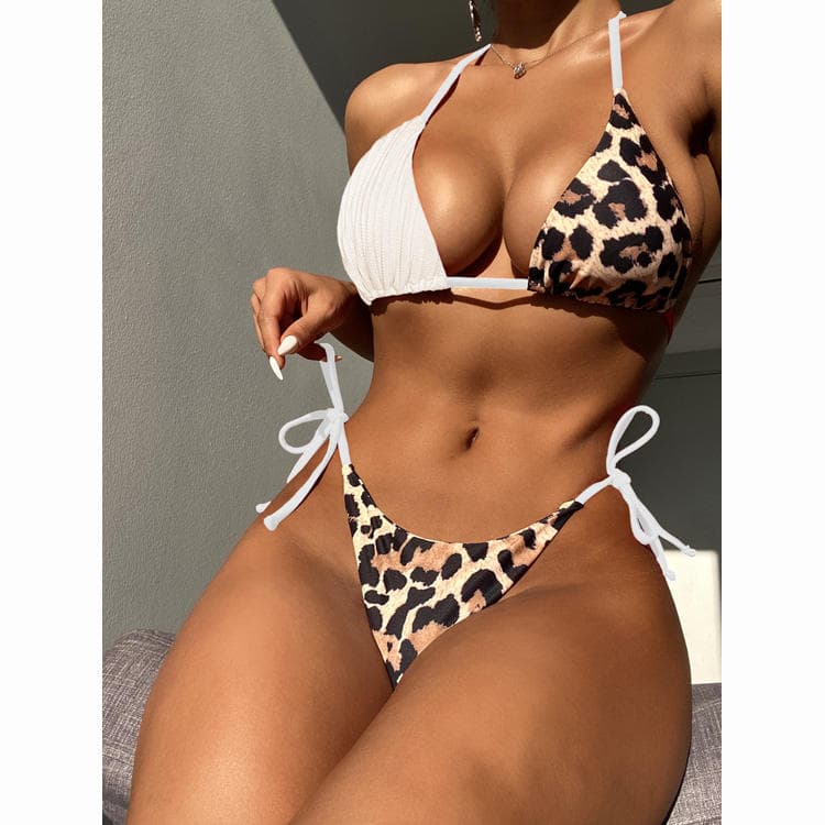 Leopard 2024 Patch Work 2 Pieces Sexy V Neck High Cut Bikini Swimsuit Beach Triangle Bathing Suit