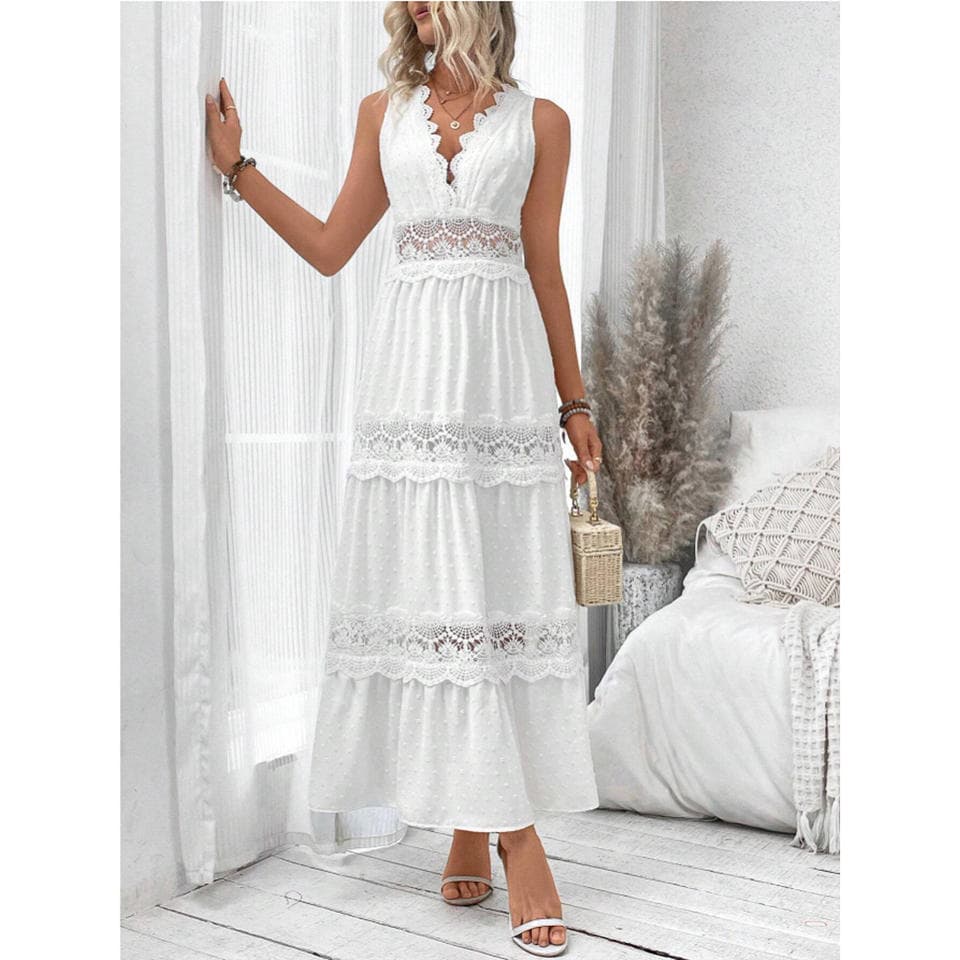 Lace Hollow Long Skirt Wholesale Pure Color Waist Dress Manufacturer Deep V Sleeveless Dress Factory Directly
