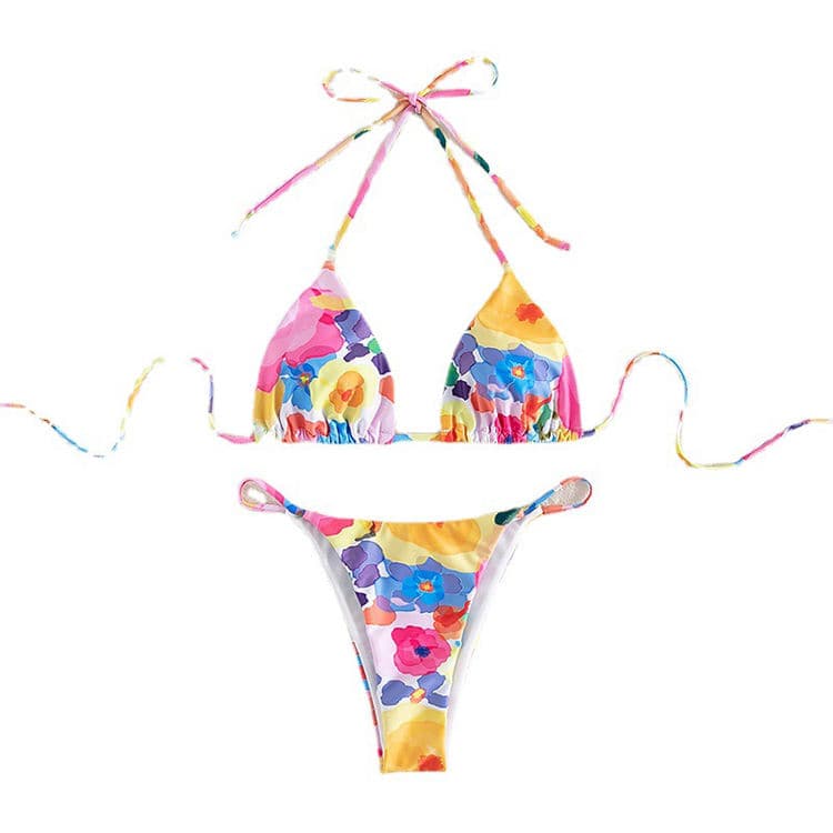 2023 New Women's Printed Strap Swimwear Sexy Two Piece Bikini Chest Cushion Three Point Swimwear Bikini