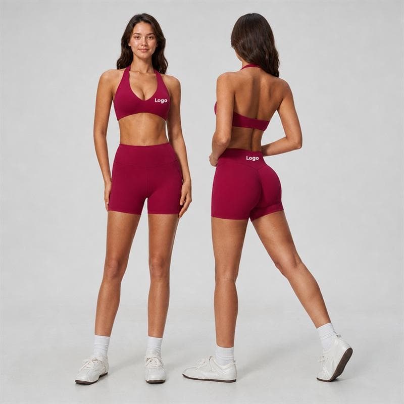 Women Gym Running Activewear Halter Sports Bra and High Waist Tummy Control Butt Lifting Shorts 2 Piece Yoga Set