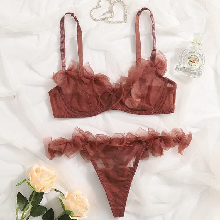 Gentle Girls Bow-knot Style Mesh Lace Seduction Lingerie Three Point Sexy Underwear 2-piece Sets