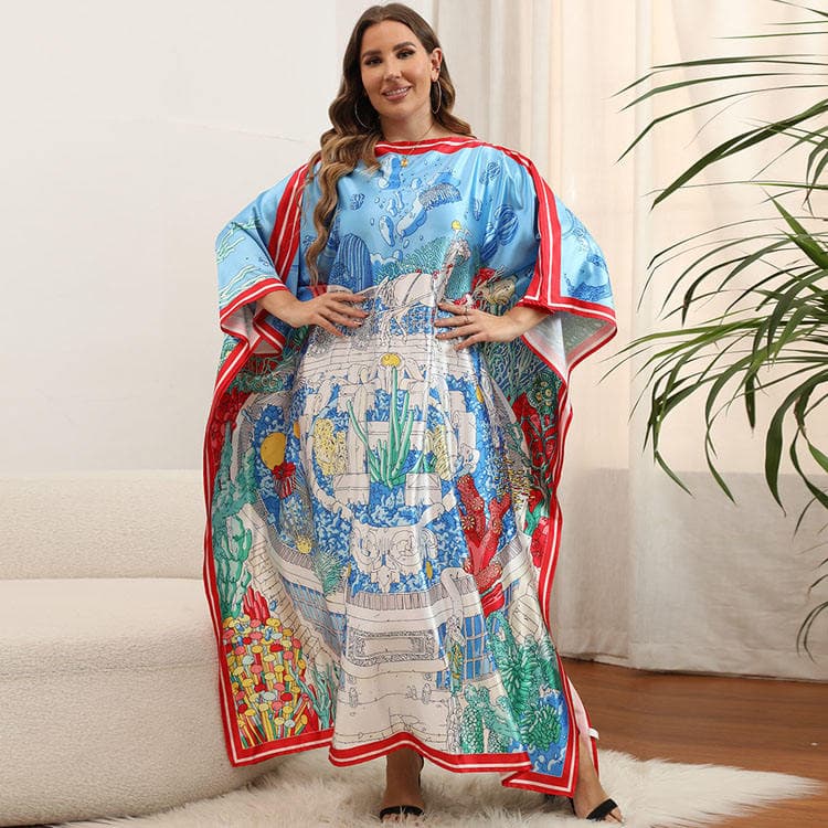 2022 New Print Loose Bohemian Dress Color Contrast Lace Beach Wear Cover up