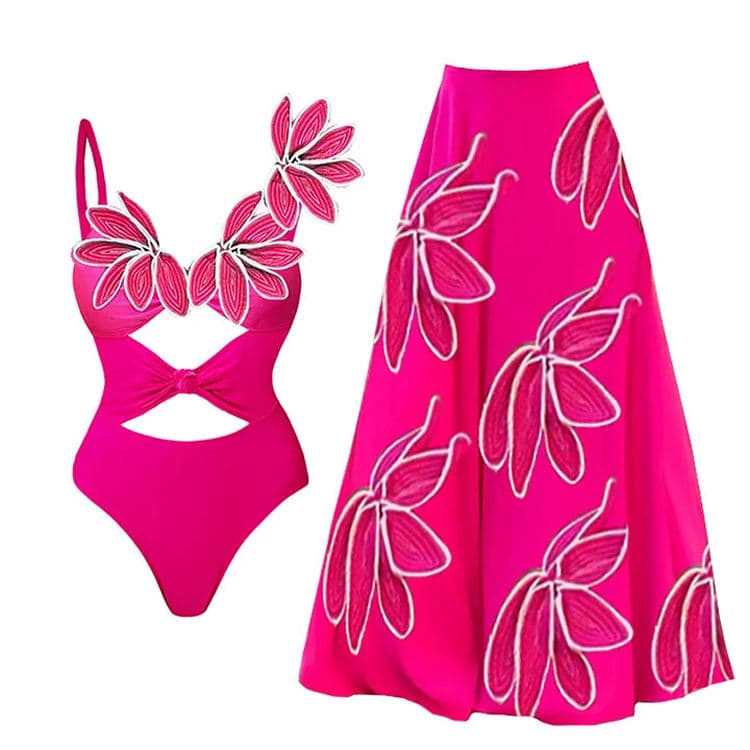 2024 Women 2 Piece Swimsuits Set 3D Flower Bright Beautiful Colors Summer Swimwear Cover up Bathing Suit