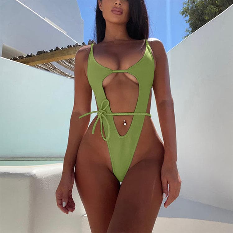 New Sexy Hollow Swimsuit Solid Color Bandage Bikini High Waist One Piece Swimwear for Women