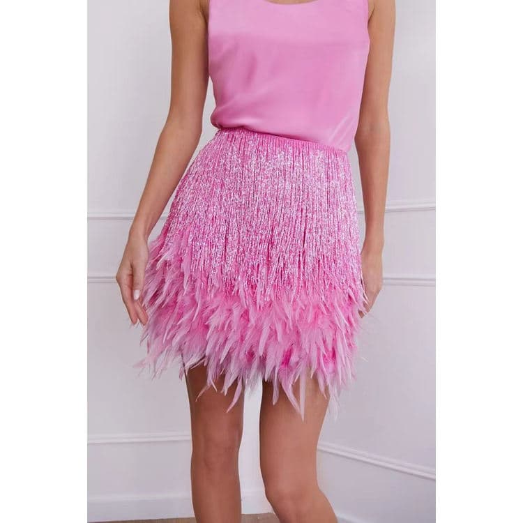 New Solid Color Vest Short Skirt Two Piece Suit Gorgeous Tassel Feather Satin Dresses Suit