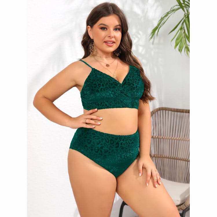 New Fashion Deep v Neck 2024 Sexy Bodysuit Leopard Bikini Plus Size Women Two Piece Set Swimwear