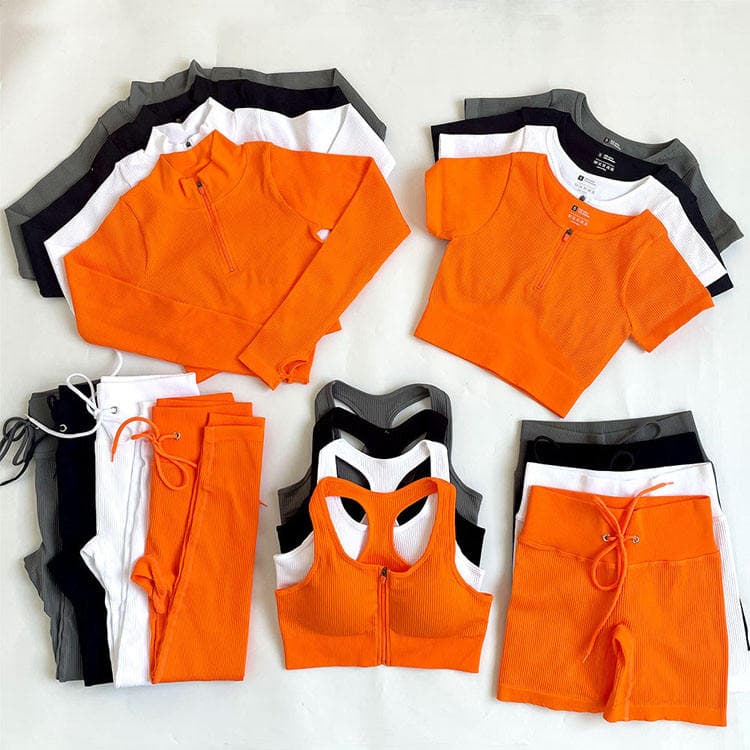 New High Quality Ribbed Seamless Women 5 Pieces Yoga Set Fitness Gym