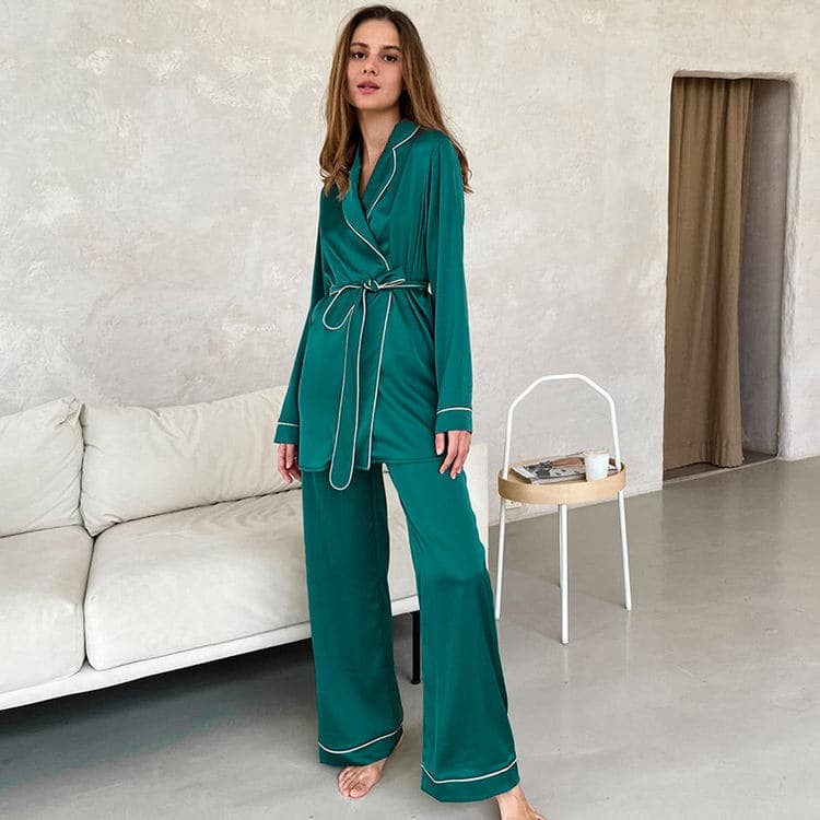 Autumn Long Sleeved Pajamas Loose Silk Contrast Stitching Pajama Pants Set Wholesale Women's Home Wear