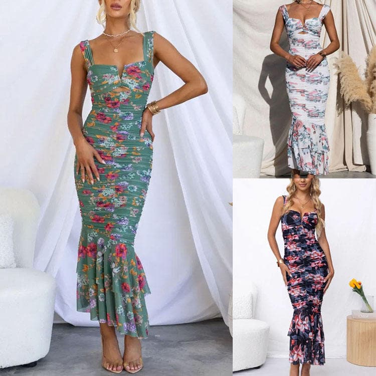 Hot Sell Womens Clothing Floral Printed Suspender Long Dress Backless V Neck Pleated Ruffles Bodycon Holiday Dress
