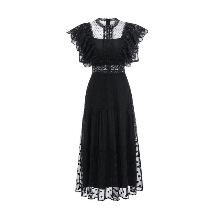 Wholesale Commuter Dresses Round Neck Lace Sleeve Long Dresses Waist Slim Polka Dot Elegant Lace Dresses