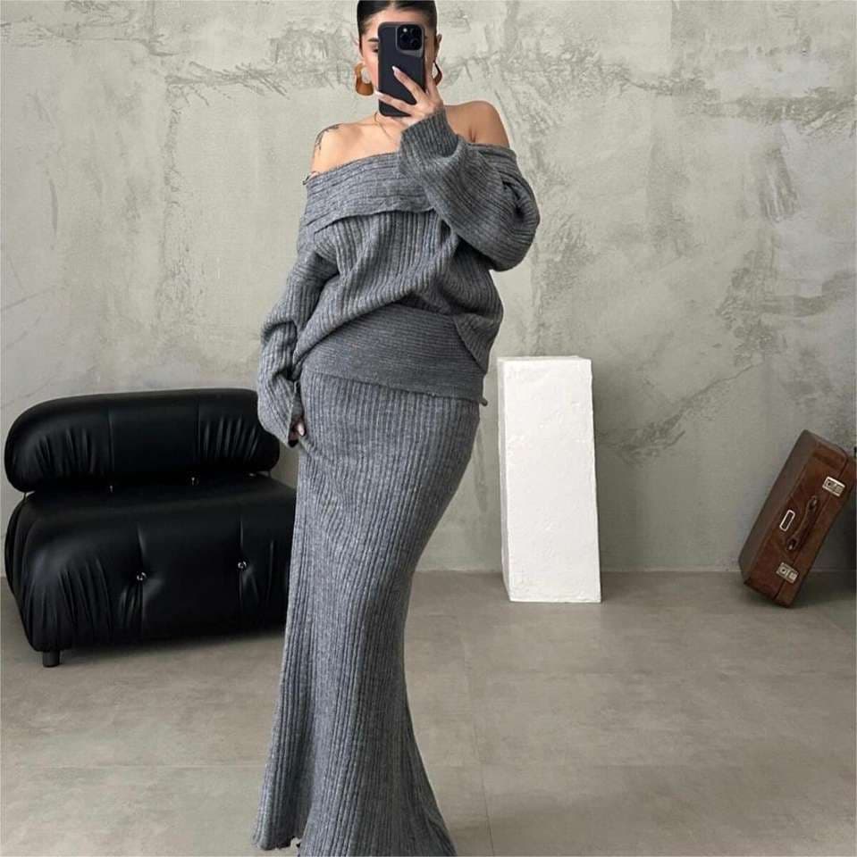 Off Shoulder Knitted Sweater Wholesale Fashion Casual Women Suits Manufacturer Solid Color Hip Length Skirt Factory Directly