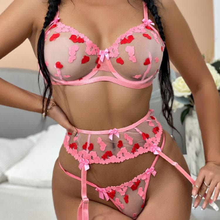 Lace Hollow Love 3-piece Set Sexy Girl Cute Seduction Lingerie Garter Underwear Set