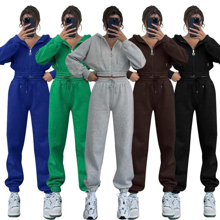 Autumn Winter New Hooded Zipper Waist Jogging Suit Solid Color Sweater Suit Casual Sports Suit
