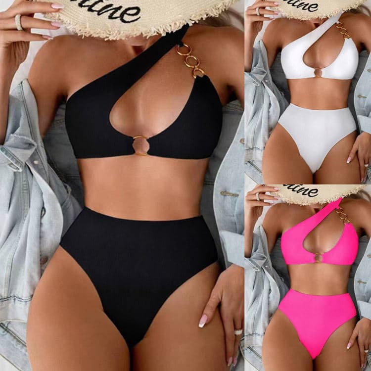Customized New One Shoulder Swimsuit Pit Stripe Metal Button Bikini Solid Color High Cut Swimsuit