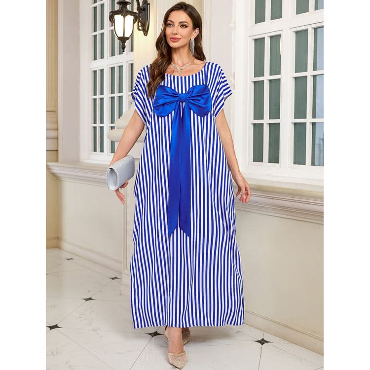 2026 Long Blue Stripe Beach Cover up Kimono Robe with Bow Tie for Resort