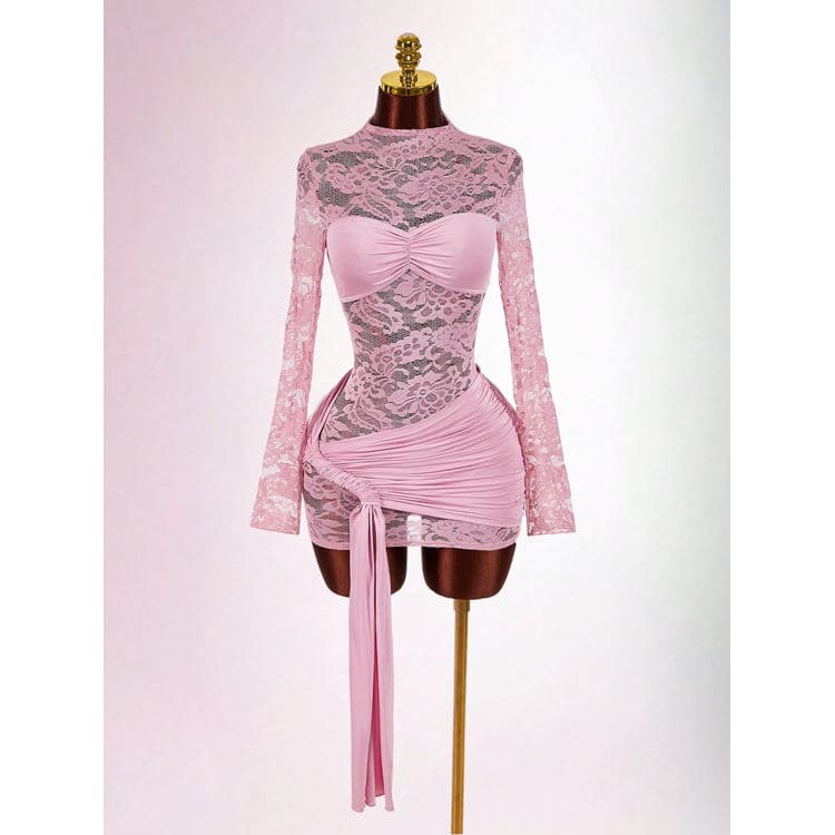 New Style Lace Hollow Perspective Dress Splicing Solid Color Slimming Dress Sexy Ribbon Short Dress for Women