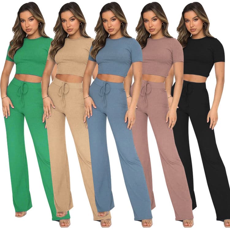 New Fashion Casual Set Solid Color High Elasticity Body Shaping Set Short Sleeve Pit Strip Wide Leg Pants Casual Set