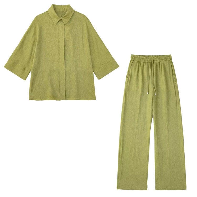2023 Autumn Linen Two Piece Set Solid Color Loose Shirt Loose Straight Trousers Casual Suit Women