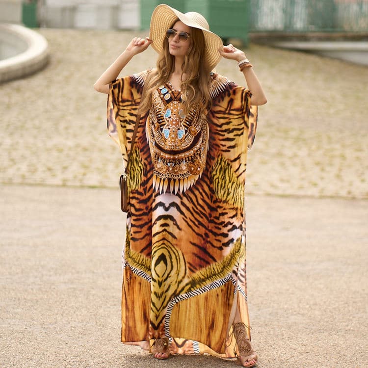 2022 Hot Sale tiger Print Beach Kaftan Long Loose Bikini Cover up