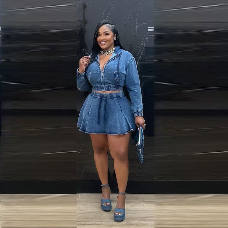 Wenshuo Solid Color Denim Set Wholesale Hooded Crop Top Custom logo Casual Workwear Set Factory Directly