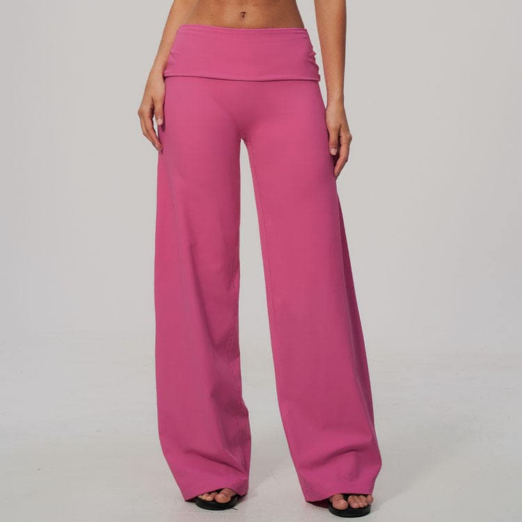 Brushed Nake Feeling Nylon Spandex Outdoor Running Pants Fold Over Waist Wide Leg Yoga Pants