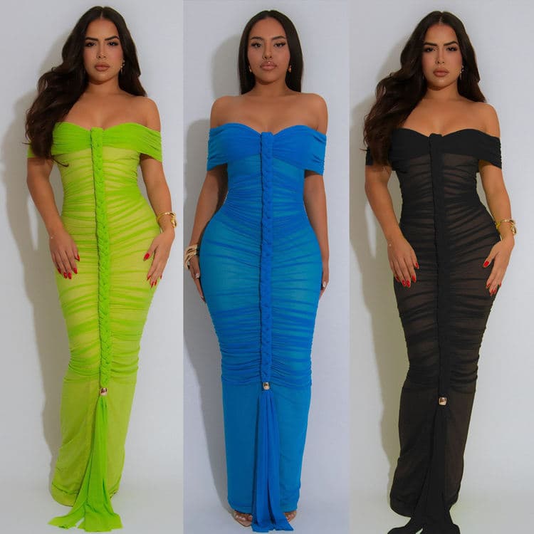 Wholesale Fashion Women Dress Sexy Wrinkle Dress Mesh Tube Top Dresses