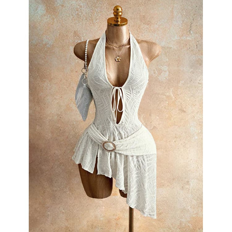 New White Textured Fabric Dress Halter Deep V-Neck Dresses Asymmetrical Sexy Dress for Women
