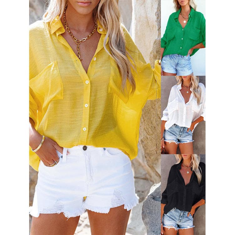 Summer New Women Candy Color Cardigan Fashion Big Pocket Shirt