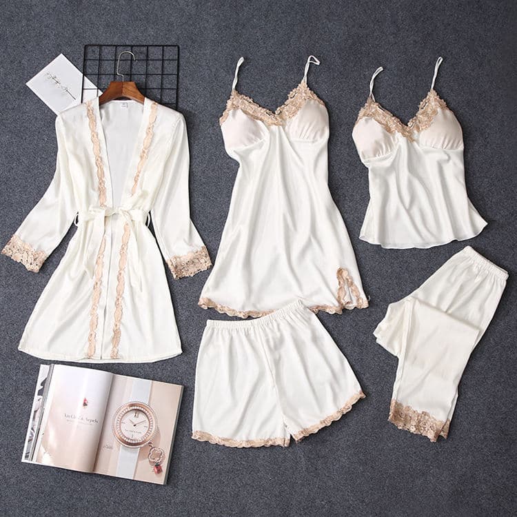 Satin Chiffon Pajamas Sexy Five Piece Set Nightgown Chest Cushion Sling Household Clothes