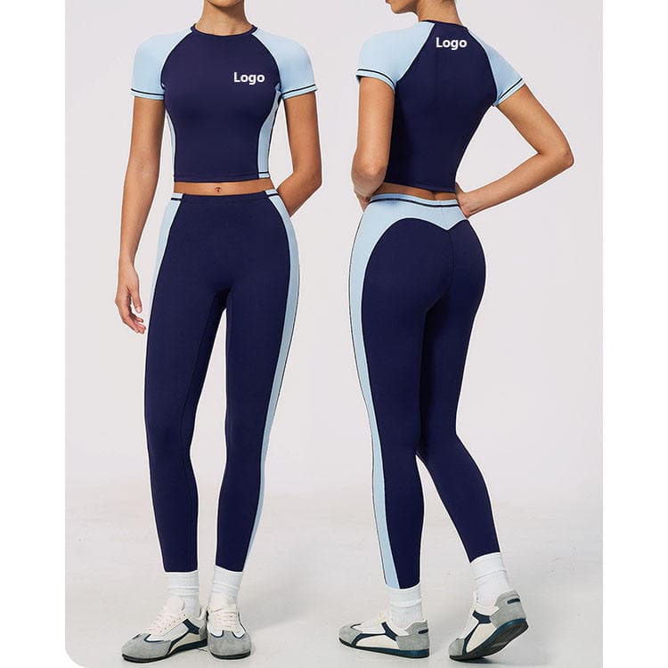 78 Nylon 22 Spandex Quick Dry Fitness Gym Set Block Color Short Sleeve T-shirt and Legging Yoga Set