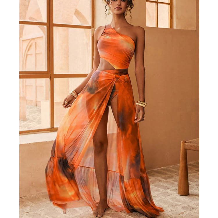 New Orange One-Piece Bikini Sexy One Shoulder Cutout Bikini High Waisted Slit Full-Skirted Beach Swimsuit Set