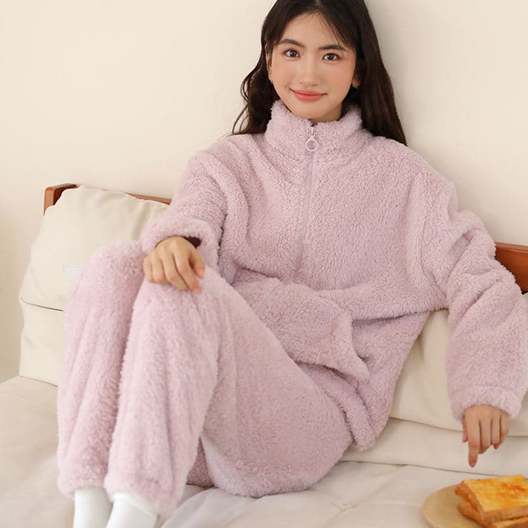 Autumn and Winter Zipper Cardigan Outerwear Pajamas Double Velvet Warm Home Clothes Set