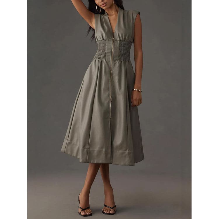 Wholesale High End Dresses Solid Color French Dresses Retro Sleeveless PU Dresses