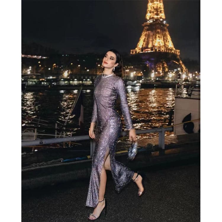 Shiny Hot Diamond Dresses Long Sleeve Split Dresses Mesh Color Diamond Perspective Dresses